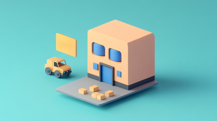Obraz premium A colorful, stylized illustration of a delivery building with a small car, package boxes, and a sign, set against a bright blue background.