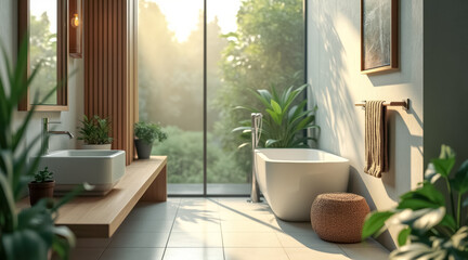 Fototapeta premium serene sunlit modern bathroom with wooden accents abundant greenery