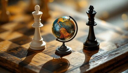 Global Strategy: Chess Pieces and a Globe on a Wooden Board