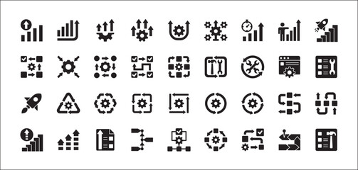 Business improvement growth icon set. Contains symbol and icons of development, progress, management, process, maintenance, increase, profit, gain, optimization, steps. Vector flat thin line design.