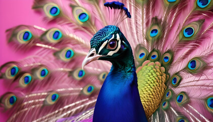 Fototapeta premium A vibrant blue peacock with its feathers fully spread, showcasing a stunning array of colorful eyes against a pink and purple background