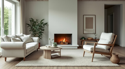 Fototapeta premium light airy living room with a fireplace
