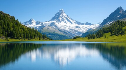 A serene landscape featuring a majestic mountain, lush greenery, and a reflective lake, under a clear blue sky.
