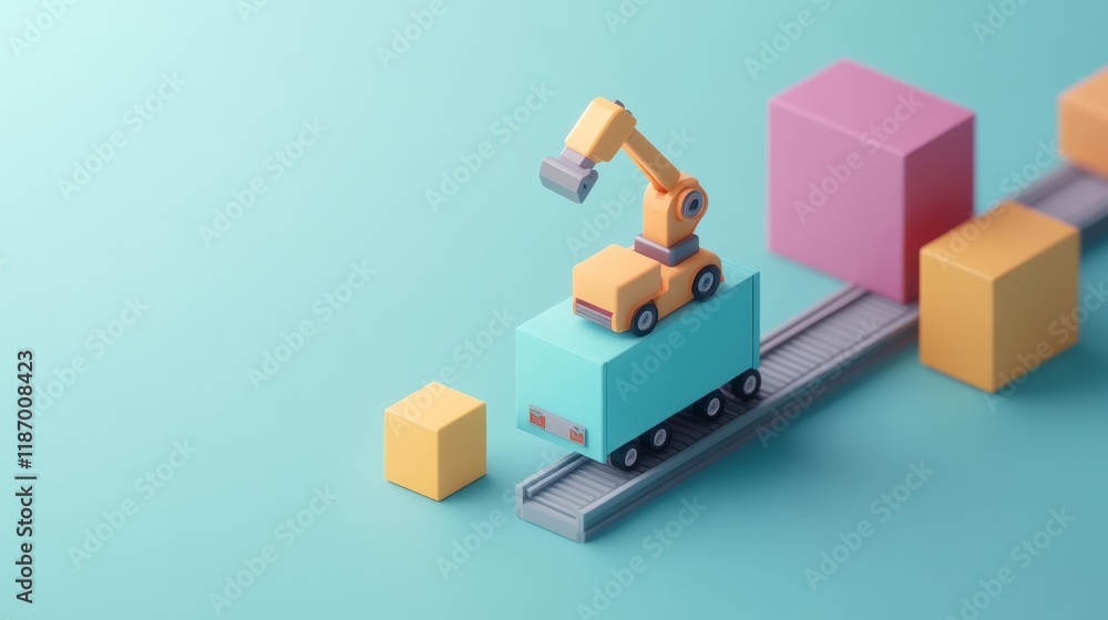 Poster a colorful, miniature conveyor system with a robotic arm and blocks, illustrating automation and ind