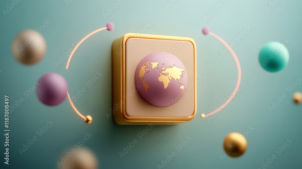 Aufkleber a stylized button featuring a world map, surrounded by colorful spheres, representing global connect
