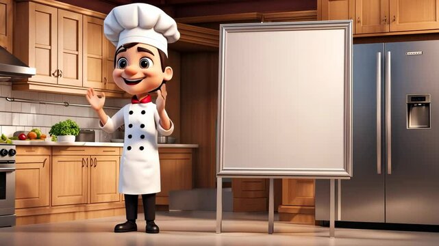 Friendly cartoon chef presenting something using a blank whiteboard in a modern kitchen.