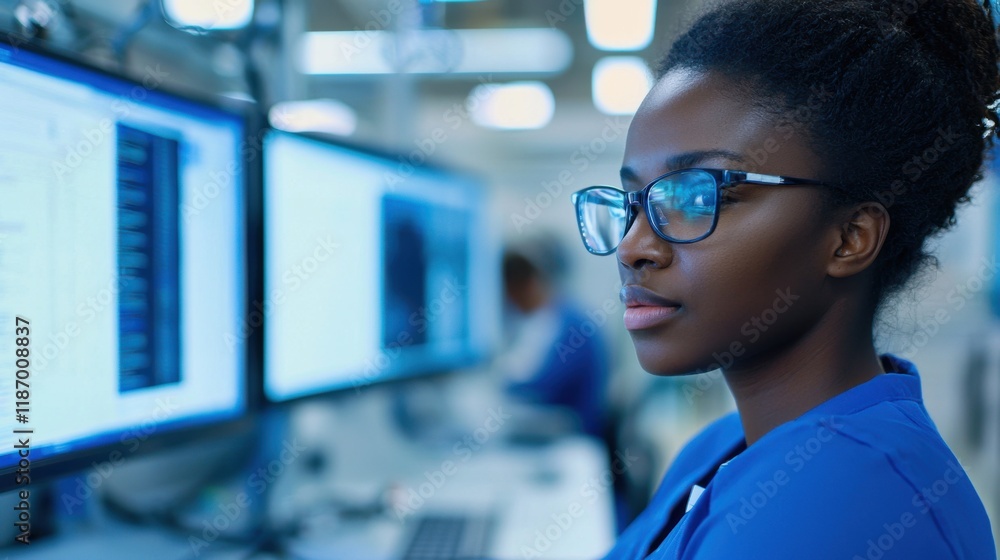 Poster a focused individual in glasses works on computer monitors in a modern tech environment, highlightin