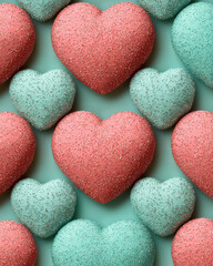 Obraz premium Glittery coral and teal hearts on green background create playful pattern