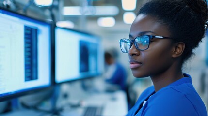A focused individual in glasses works on computer monitors in a modern tech environment, highlighting concentration and innovation.