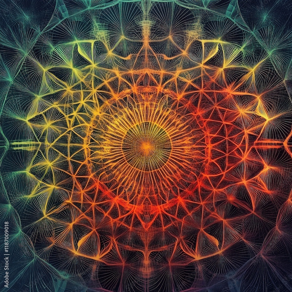 Poster abstract radial lattice design with vibrant colors and complex patterns