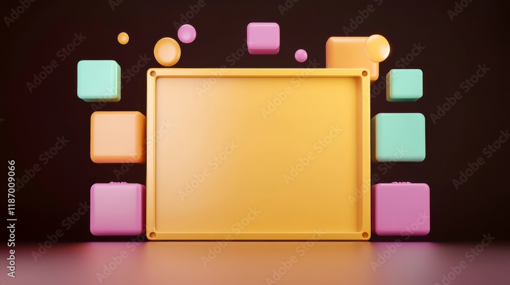 Poster a vibrant composition featuring a blank rectangular frame surrounded by colorful geometric shapes ag