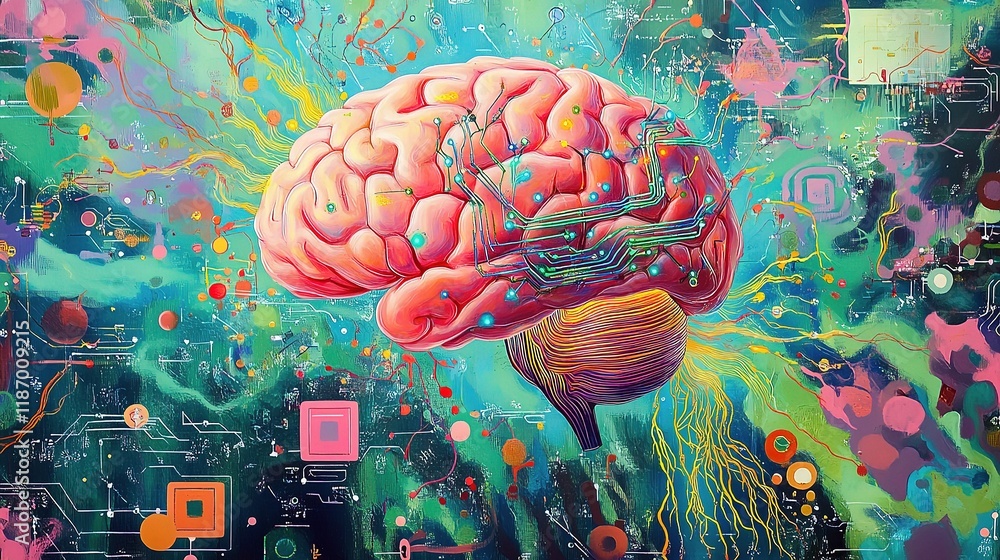 Poster Human Brain Connected to Technology with Neural Network Patterns