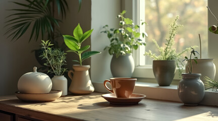 Fototapeta premium sunlit teacup potted plants on wooden surface