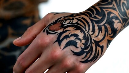 A striking close-up of a bold tiger tattoo on the hand, emphasizing strength and detail.


