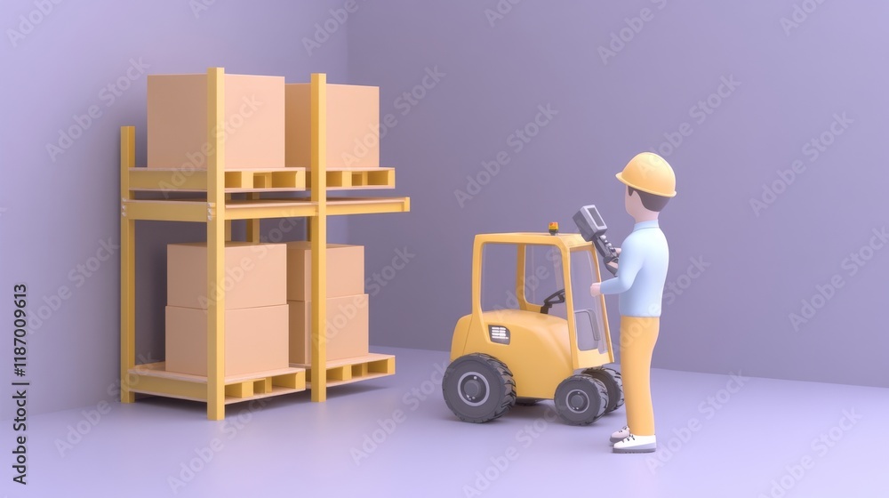 Aufkleber a worker operates a forklift to move boxes on a shelf in a warehouse setting.