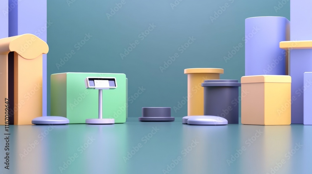 Aufkleber a colorful arrangement of geometric shapes and containers in a minimalist setting, emphasizing moder