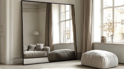 Spacious Living Room with Large Mirror and Cozy Furniture Decor