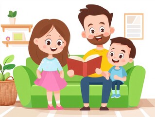 Obraz premium Happy Family Reading Time Together on Cozy Green Sofa
