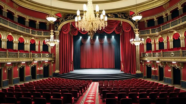 Elegant Theater Interior with Grand Stage, Red Curtains, Ornate Chandeliers, and Rows of Plush Seating

