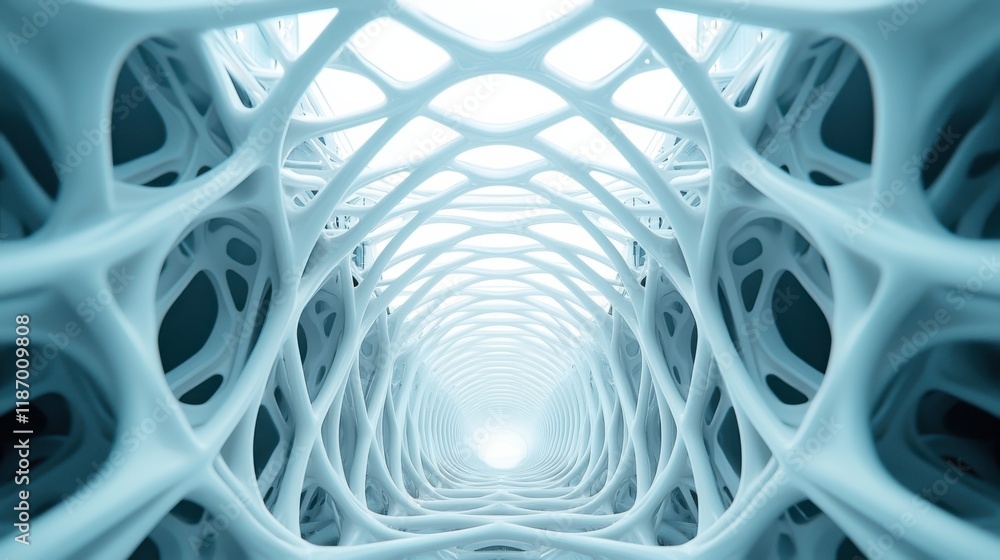 Poster a futuristic tunnel-like structure made of interconnected, organic forms, creating a sense of depth 