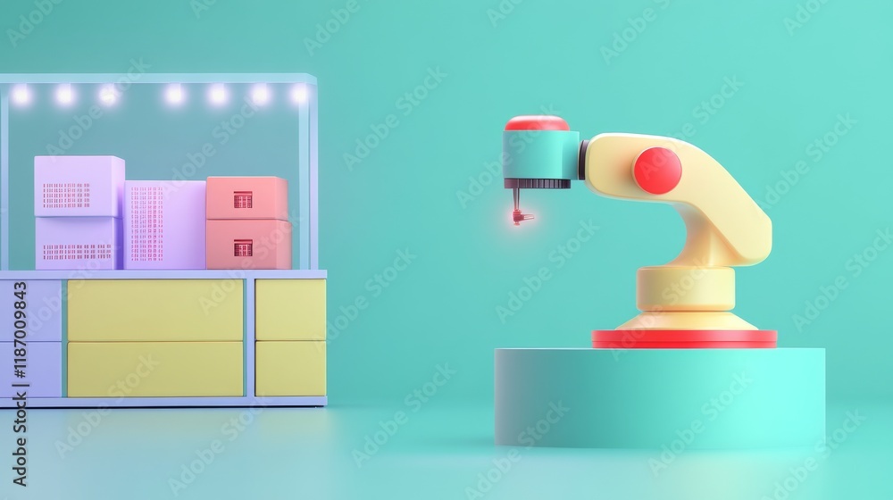 Poster a colorful robotic arm is poised to pick up an object, with a pastel background and a display of box