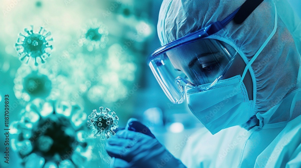 Poster scientist analyzing virus samples on monitor in laboratory setting