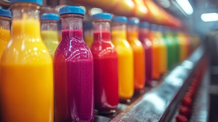 Colorful Bottles Of Fresh Fruit Juice Displayed In A Row