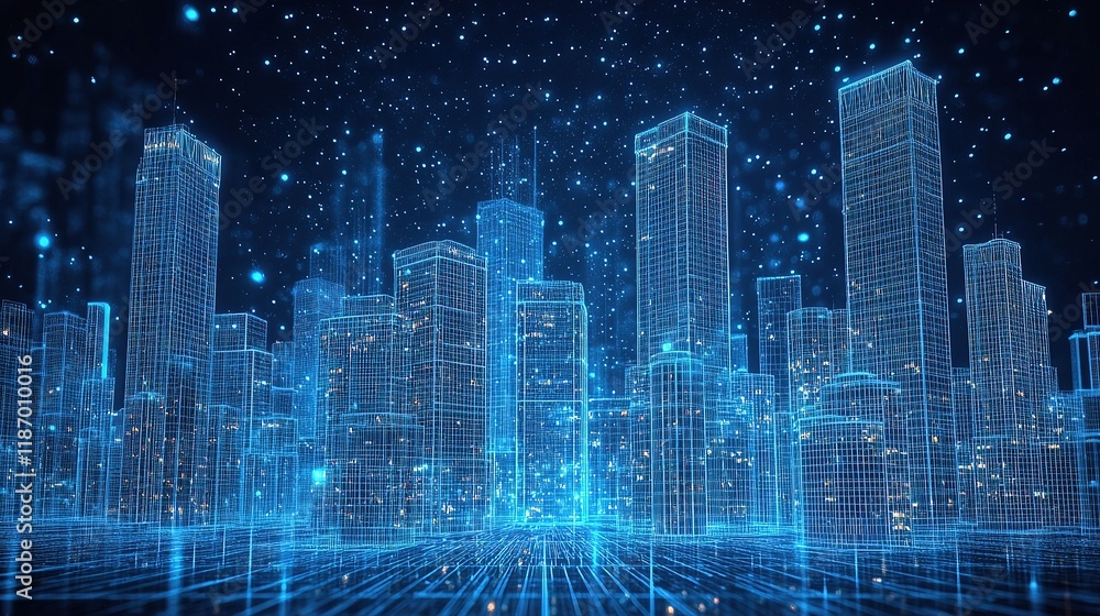 Poster 3d wireframe cityscape perspective rendering with gigapixel details