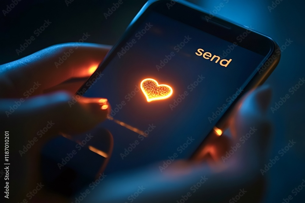 Aufkleber hands holding a smartphone illuminate with a glowing heart and send button, sending a heartfelt love