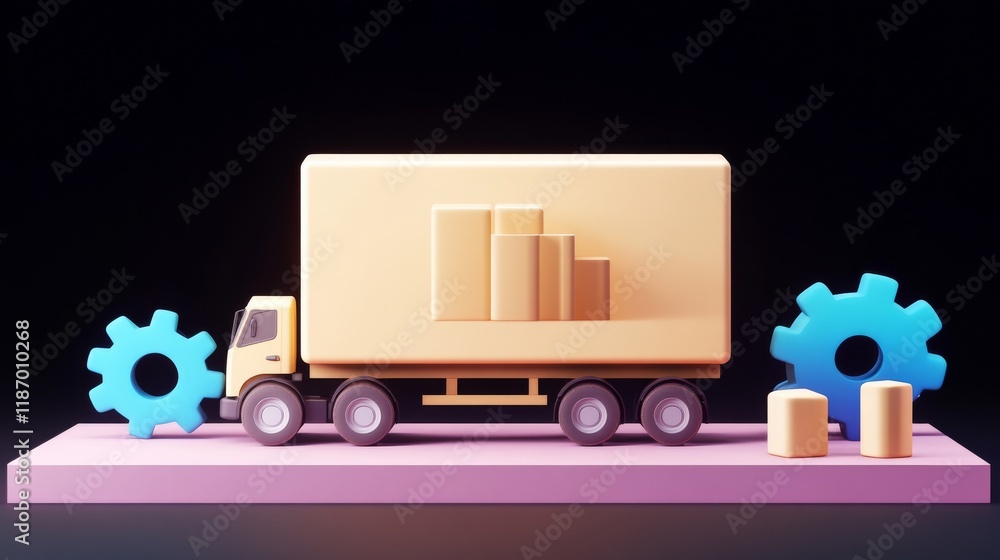 Poster a colorful 3d rendering of a delivery truck with blocks and gears, representing logistics, efficienc