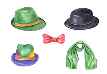 Colored festive carnival hats, red bow tie and green scarf watercolor illustration. Parade costume accessories for Brasil, Mardi Gras masquerade cards, circus poster, stylish event design © Masha_tolk_art