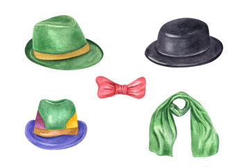 Colored festive carnival hats, red bow tie and green scarf watercolor illustration. Parade costume accessories for Brasil, Mardi Gras masquerade cards, circus poster, stylish event design
