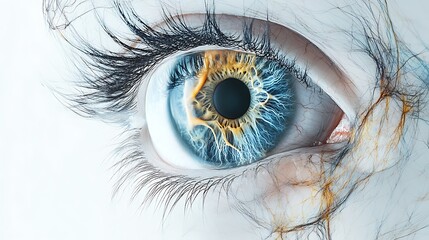 Anatomical rendering of the eye highlighting retina and optic nerve on white