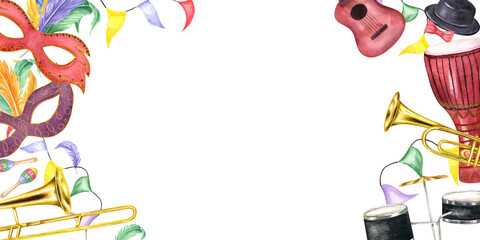 Watercolor Mardi Gras, Brasil carnival horizontal frame isolated background. Musical percussion, string and wind instruments, colored masks illustration. Hand painted street party border for greetings © Masha_tolk_art