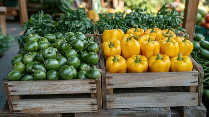 Vibrant Yellow and Green Peppers at a Farmers Market