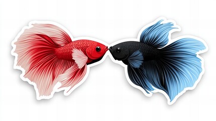 Fototapeta premium Two betta fish, one red and one blue, face each other, seemingly about to kiss. A vibrant illustration.