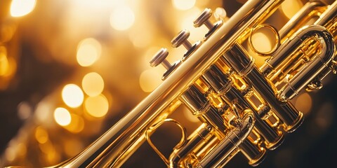 Fototapeta premium Golden Trumpet Gleaming in Warm Festive Lights Elegant Music Instrument Closeup