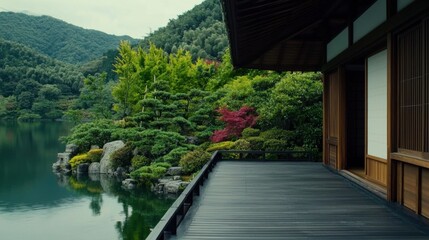 Tranquil landscape featuring a wooden deck by a serene lake, surrounded by lush greenery and mountains, creating a peaceful retreat.