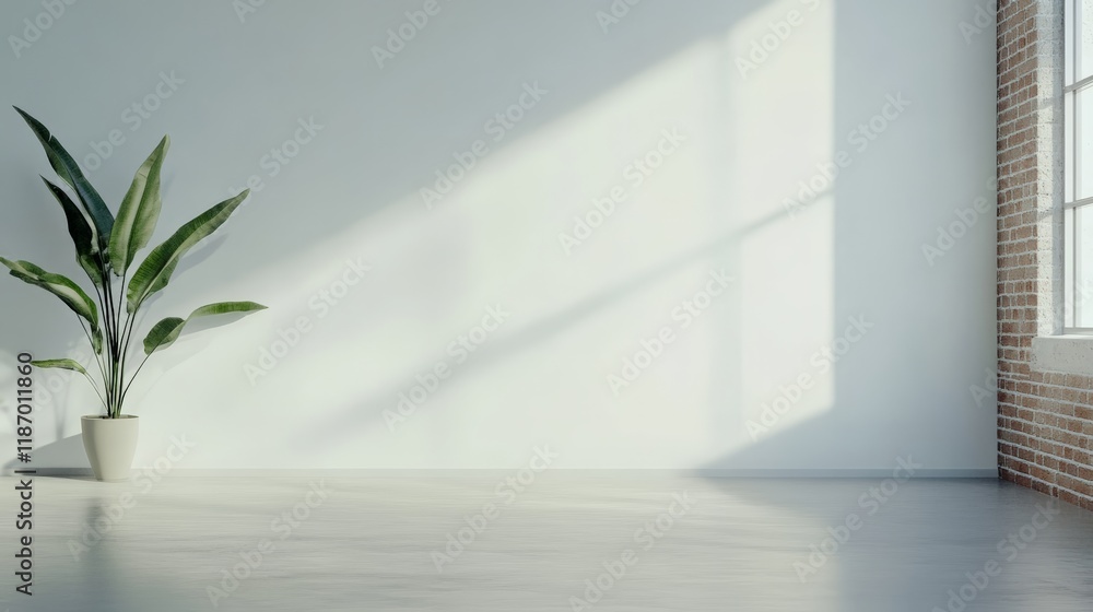 Poster sunlight streaming through a window creates shadows on a white wall in an empty room with a potted p