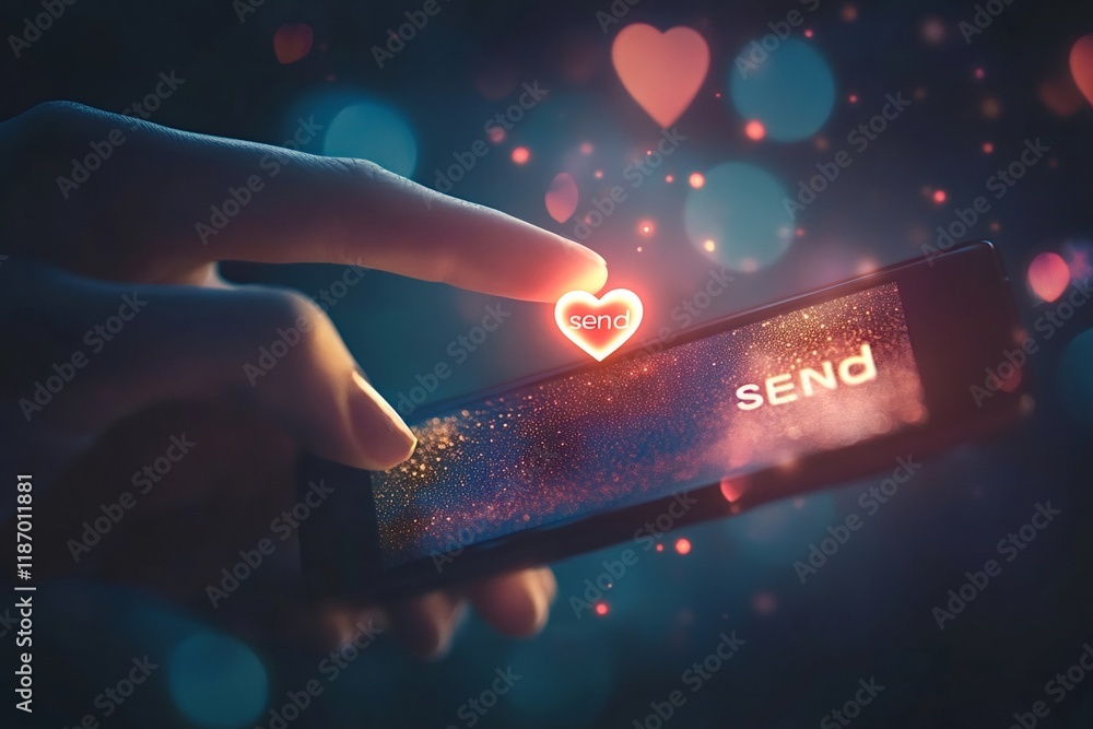 Aufkleber hand holding smartphone and touching heart icon on screen to send love message with bokeh effect and
