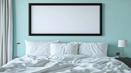 Modern bedroom with a large empty frame and soft white bedding