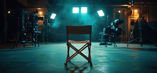 Empty director's chair on a film set, surrounded by cameras and lighting equipment.
