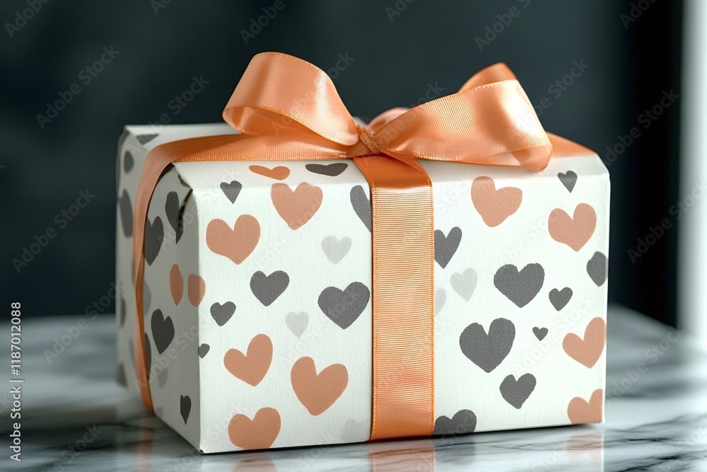 Poster gift box wrapped in paper with a pattern of peach and gray hearts, tied with a peach-colored ribbon,