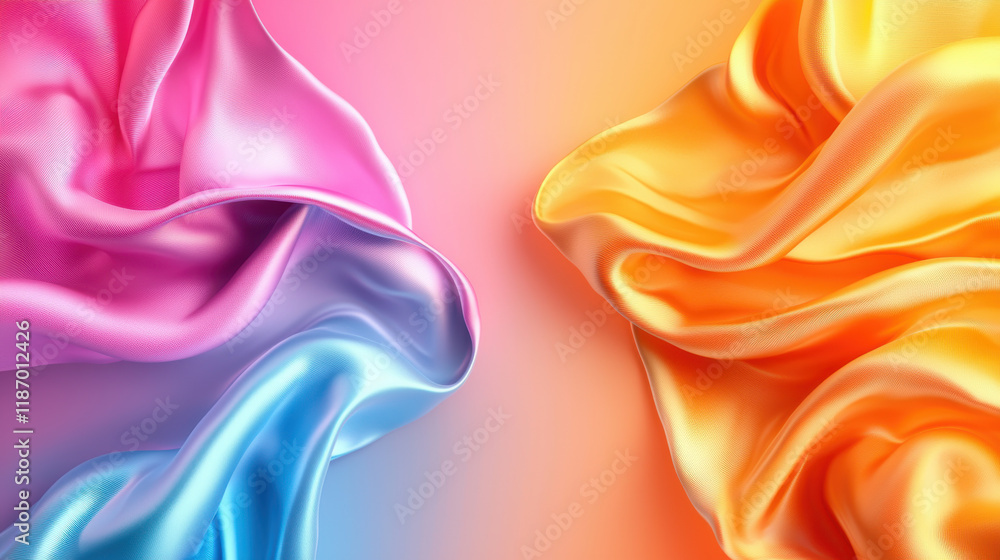 Poster Soft pastel colors blend beautifully in this image, showcasing flowing silk fabric in pink and orange hues. gentle curves and smooth texture create calming visual experience