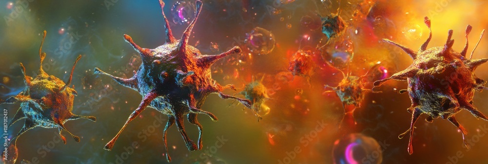 Aufkleber immune response depicted through antibodies attacking virus particles in a vibrant microscopic envir