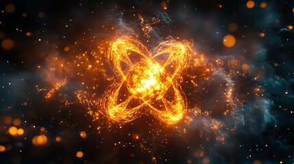 Obraz premium vibrant visualization of an atom, with a central core of fiery energy surrounded by swirling, luminous rings of energy