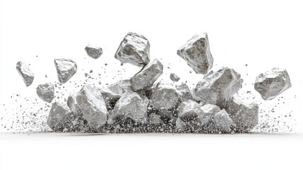 Dynamic Explosion of Rocks with Dust on White Background