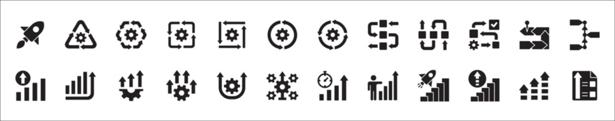 Business improvement growth icon set. Contains symbol and icons of development, progress, management, process, maintenance, increase, profit, gain, optimization, steps. Vector flat thin line design.