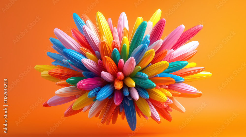 Aufkleber vibrant explosion of colors in radial pattern, featuring array of bright, elongated shapes against warm orange background. This captivating display evokes joy and creativity