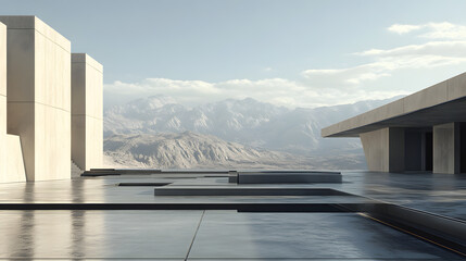 ancient inspired abstract architecture in 3d rendering featuring an expansive empty parking area with concrete flooring, set against a breathtaking mountain and open sky.